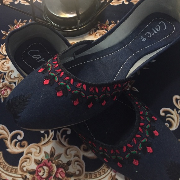 Handmade Denim rose embroidery flats shoes 8 jutti - Picture 10 of 12